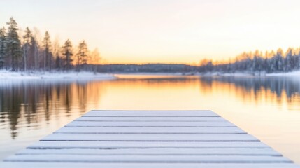 Snowy winter lake dock at sunset
