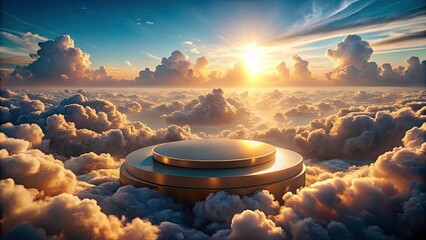Aerial Cloud Podium: Surreal Generative AI Art, Fantasy Landscape, 3D Render, Cloud Background, Floating Platform, Dreamy Scene,  Abstract Art