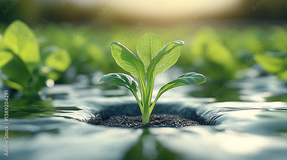 Aufkleber lush green plant emerging from soil surrounded by water in a serene natural setting : generative ai