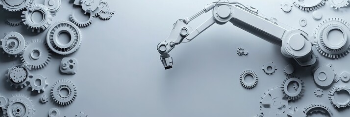 Dynamic Industrial Automation Concept: Abstract Marketing Background with Robotic Arm, Conveyor Belt, and Gears. Metallic Efficiency Visualization for Business Posters on Light Gray