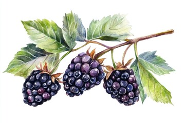 Beautiful watercolor illustration of ripe blackberries with green leaves