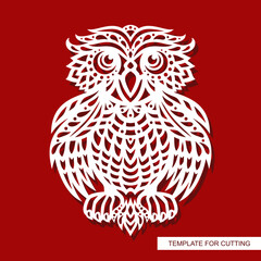 Decorative cute owl. White openwork carved bird with large eyes, lacy feathers, patterned tail. Template for plotter laser cutting of paper, metal engraving, wood carving, cnc. Vector illustration.