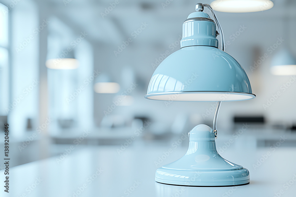 Poster a stylish blue desk lamp illuminating a modern workspace, enhancing productivity and creating a calm