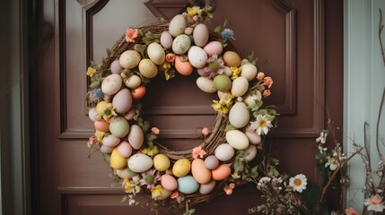 A vibrant Easter wreath of pastel eggs and wildflowers hanging on the front door
