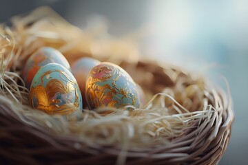 Decorated Easter eggs rest in a nest of straw within a small, round woven basket