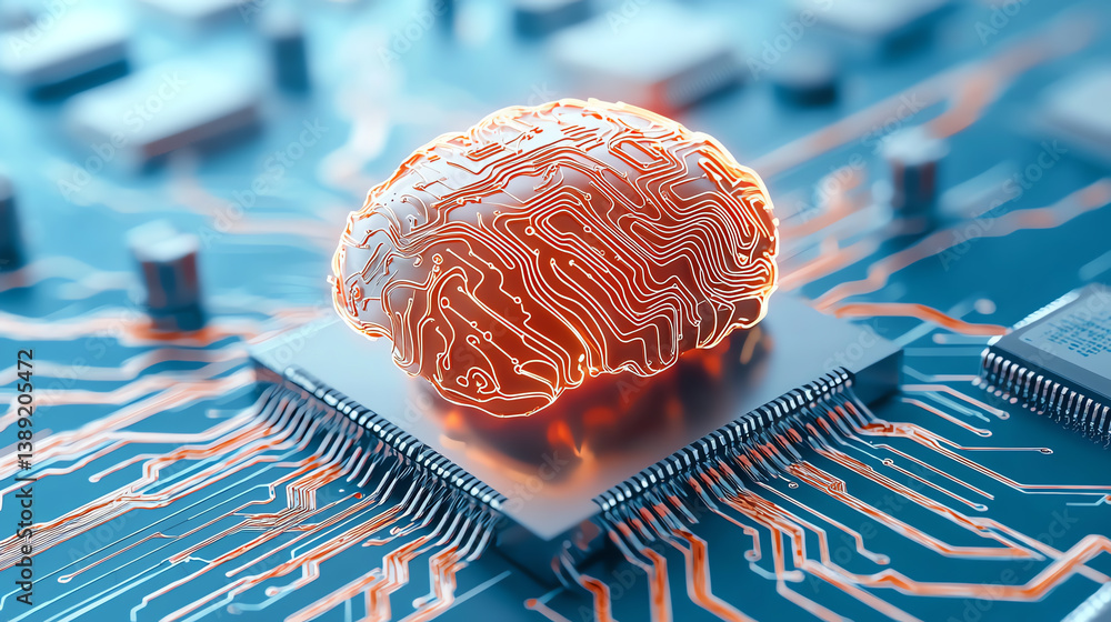 Aufkleber A stylized brain icon on a microchip, symbolizing artificial intelligence and technology advancements in computing.