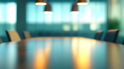 Modern minimalist office meeting table with warm wood tones, conveying professionalism and simplicity in workspace design.