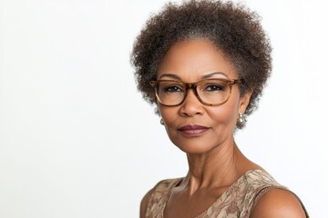 Confident mature african female with glasses and short curly hair against white background
