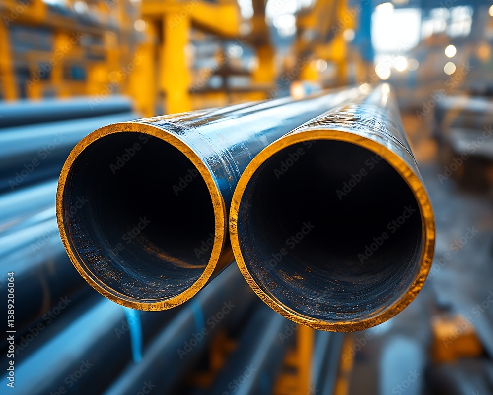 Poster close up view of thick industrial pipes in a warehouse with a soft focus on beyond background elemen