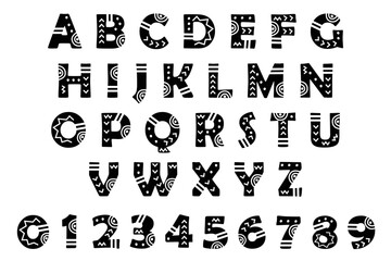 African, Aztec or Maya tribal font in Black color. Decorative alphabet with exotic ethnic pattern. Folk lettering design and set of numbers 0-9 for textiles and posters, brochure banners