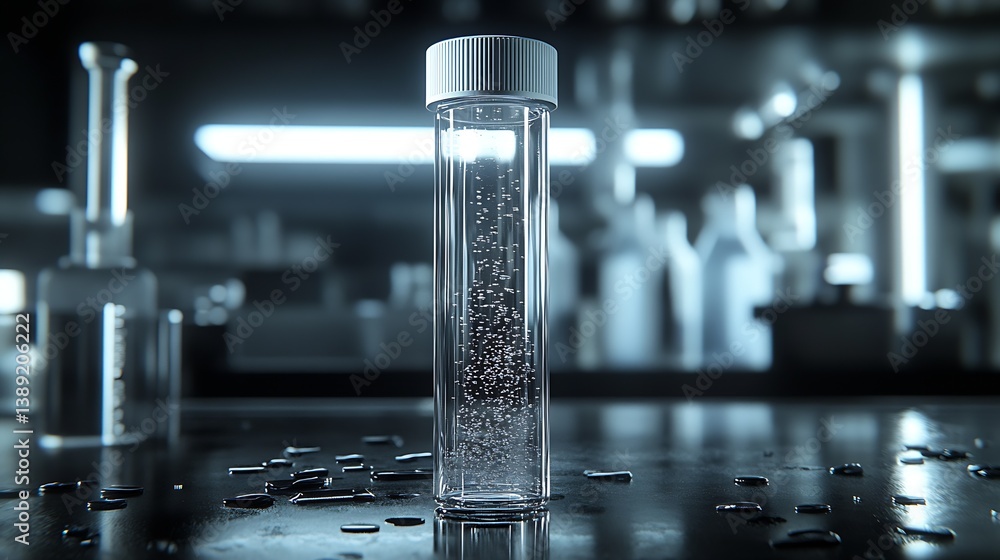 Aufkleber Clear glass test tube displaying bubbles against a blurred laboratory backdrop in high-resolution imagery : Generative AI