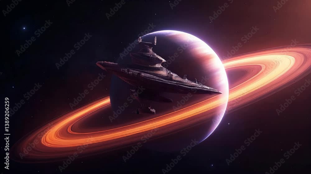 Poster spaceship navigates through the cosmos near a planet adorned with stunning rings. dark space setting