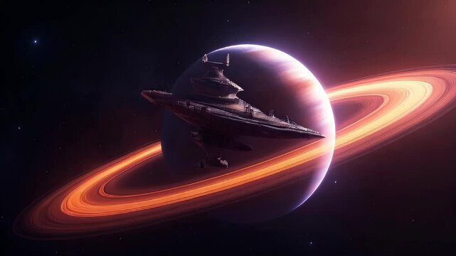 Spaceship navigates through the cosmos near a planet adorned with stunning rings. Dark space setting highlights vastness of universe. Concept of space exploration, science fiction, astronomy