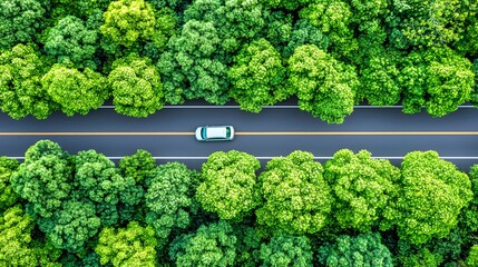 Aerial View of a Car Driving on a Straight Road Surrounded by Lush Green Trees in Nature
