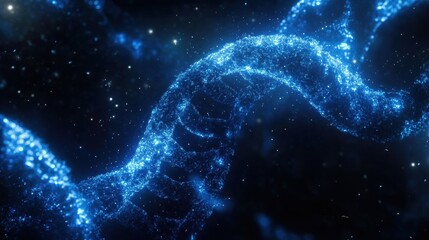 Glowing dna helix in space: mysterious blue bioluminescent strand universe