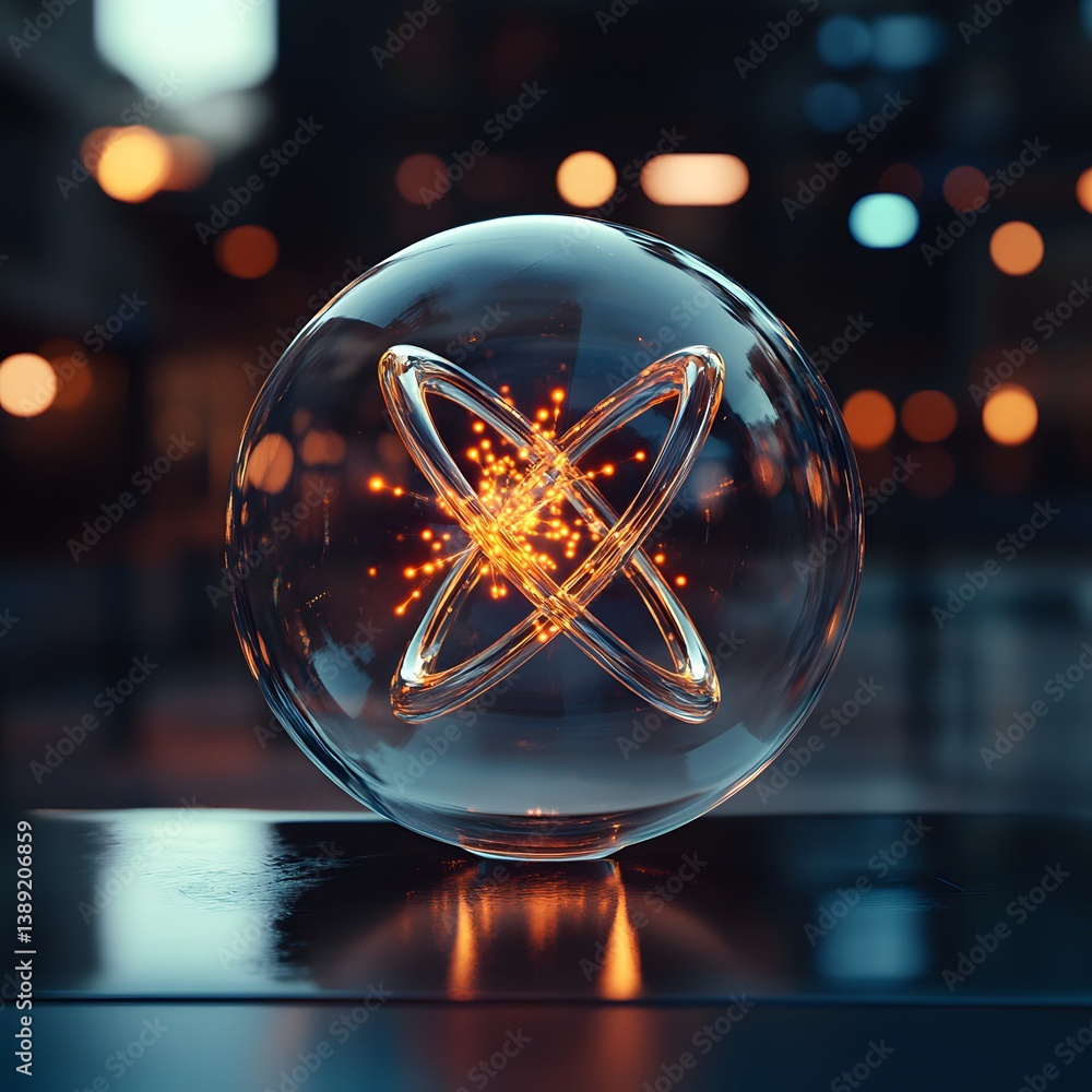 Wall mural spherical glass object with glowing core and dynamic light effects in urban evening setting