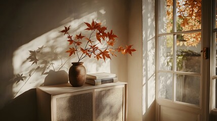 Warm Autumn Light Casting Shadows on Decorative Branch in Cozy Interior with Open Window