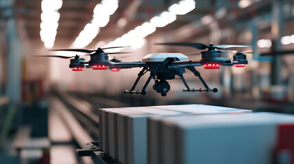 A robotic arm assembling drone delivery systems, in a high-tech production plant with advanced flight path optimization technology, Drone technology style