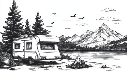 Black and white sketch of a campsite with a caravan, fire for cooking, and a cozy camping scene. Perfect for outdoor branding and camping logos