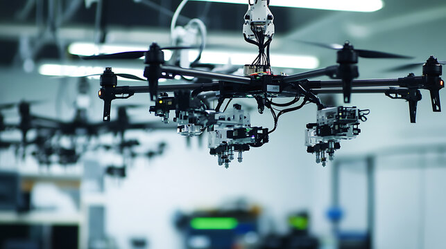 A robotic arm assembling drones in an advanced robotics lab, multiple drone parts suspended in mid-air, Futuristic style