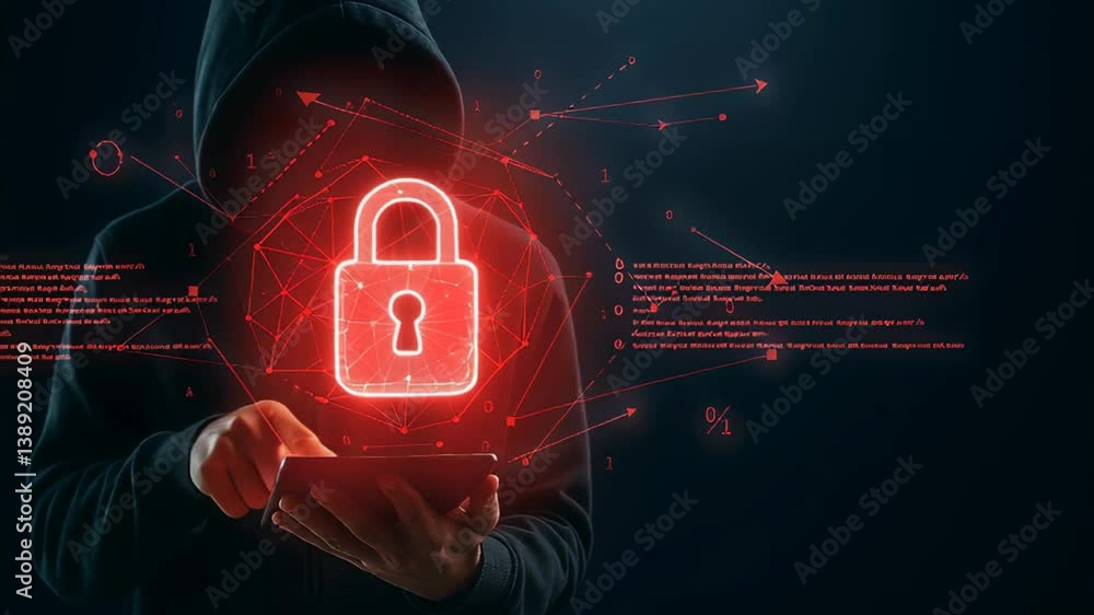 Poster cybersecurity expert interacts with smartphone while displaying glowing digital padlock symbol. dark