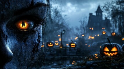Spooky Jack O' Lantern Eyes Trick or Treating on Halloween Night A Haunting Samhain Scene for All Hallows' Eve (October 31) 3D Render