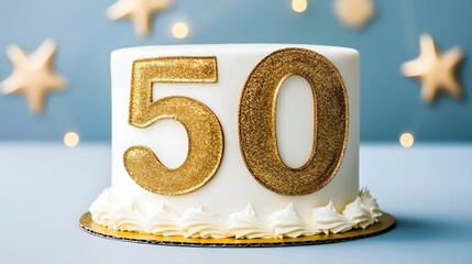 Elegant White Cake Decorated with Golden Fifty Number for a Special Birthday Celebration
