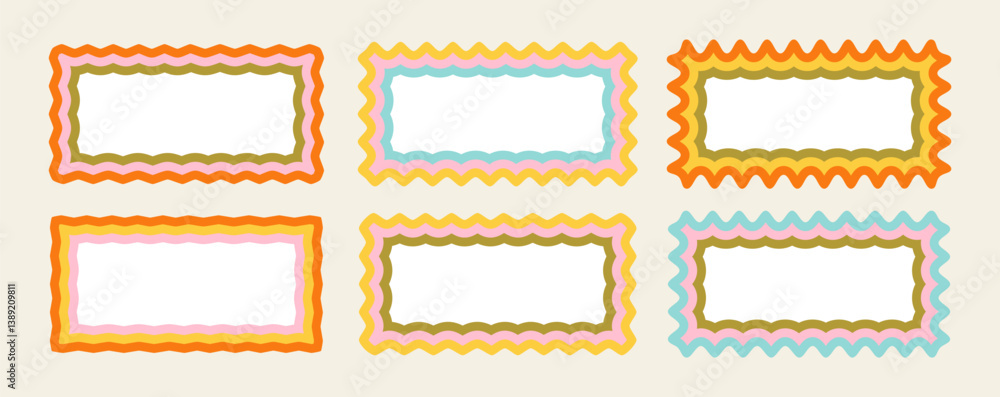 Poster wavy frame borders. scallop shape line picture frames. vector colorful wave rectangle bg set. kid gr