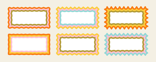 Wavy frame borders. Scallop shape line picture frames. Vector colorful wave rectangle bg set. Kid graphic wiggly backgrounds. Fun colorful horizontal groovy 60s squiggly zigzag text frame collection