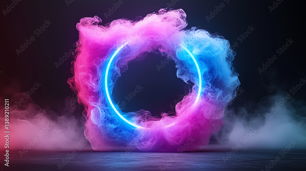 Leinwandbilder a vibrant circular neon light surrounded by colorful mist, creating an ethereal and artistic atmosph
