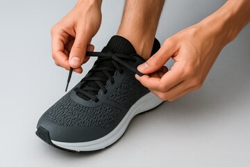 Close up of hands tying shoelaces on a modern sport sneaker for active lifestyle.