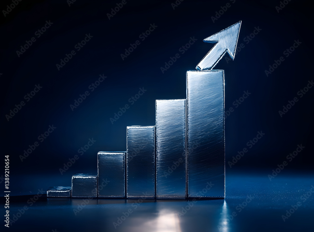 Poster silver bar chart with an arrow pointing upwards, symbolizing progress and positive growth against a 