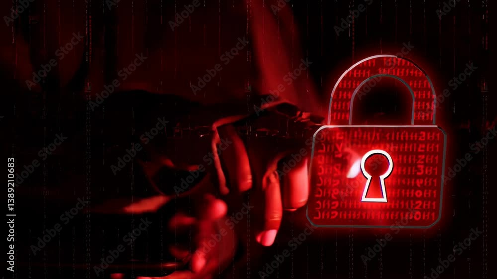 Poster red padlock with encryption symbols glowing in dark environment. represents cybersecurity and inform