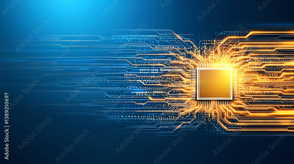 Poster a vibrant depiction of a computer chip with glowing circuitry, representing the speed and innovation