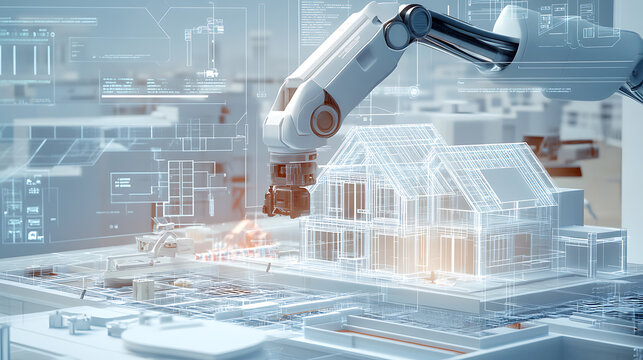 A robotic arm assembling modular 3D printed homes in a futuristic urban construction site, with digital blueprints and project planning data visible in the background, Urban innovation style