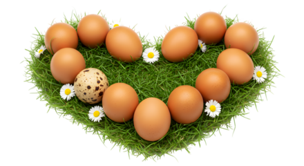 Eggs arranged in a heart shape on grass with small white flowers around