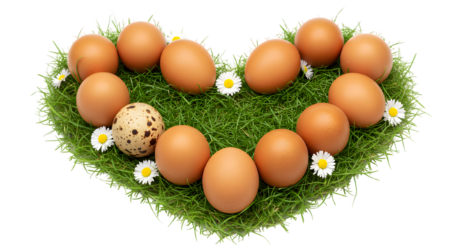 Eggs arranged in a heart shape on grass with small white flowers around