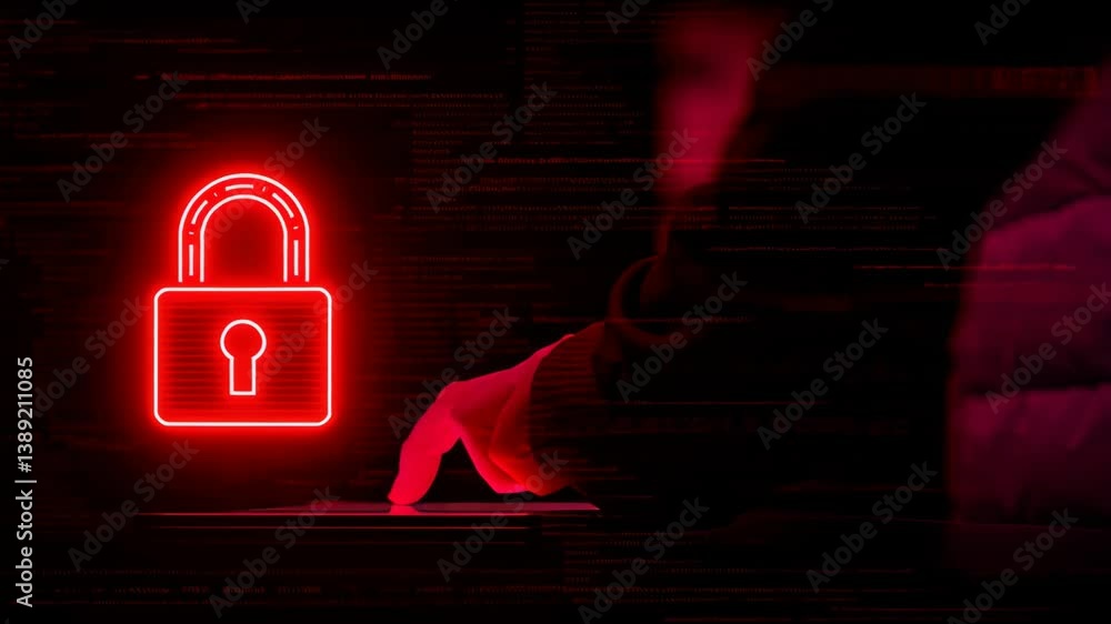 Poster hands reaching towards illuminated red padlock symbol in dark environment. concept of cybersecurity 