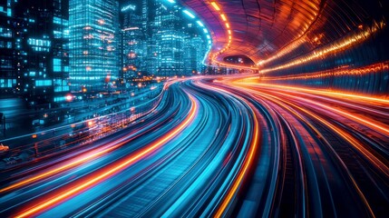 Fototapeta premium Futuristic City Nightscape: Dynamic Light Trails on a Highway Through a Tunnel