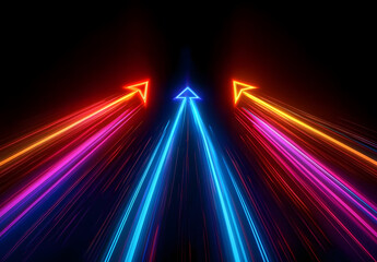 Three glowing arrows point upwards on a black background with streaks of light creating a futuristic, abstract scene.