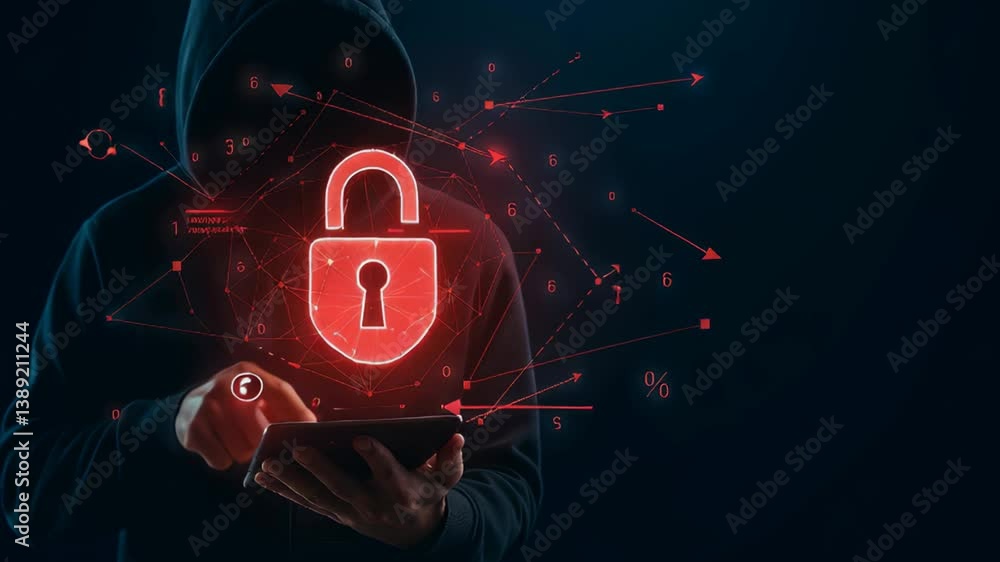 Poster hooded individual using tablet while examining digital security lock representation. dark environmen