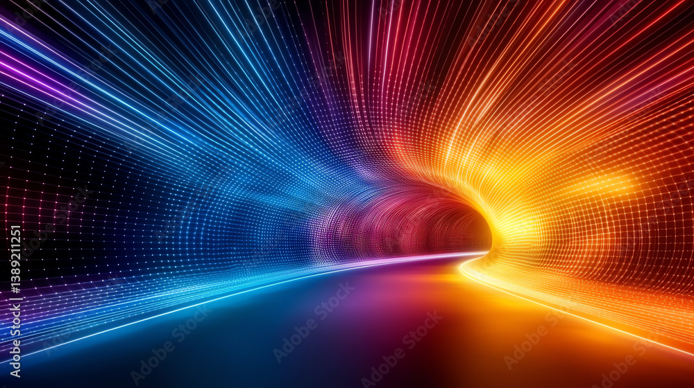 Poster a vibrant digital tunnel of light illustrating speed and movement in a futuristic setting with color