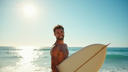 A surfer beams with joy, holding a surfboard on a sunlit beach, with the ocean stretching out under a clear sky.
