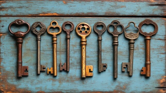 Antique keys on weathered wood