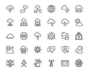 A modern icon set representing internet and cloud technology, including cloud storage, data transfer, server, networking, security, and digital connectivity, 48x48 pixel perfect editable stroke