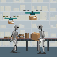 Artificial Intelligence, future humanoids working with parcel sorting. Flying drones.