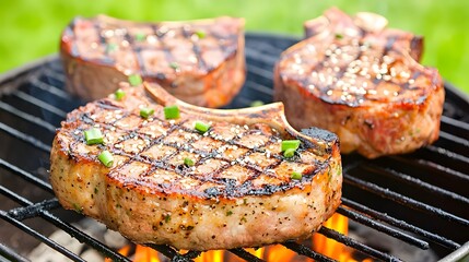 Grilled Pork Chops with Grilled Marks on a Barbecue Grill Surrounded by Green Grass Outdoors