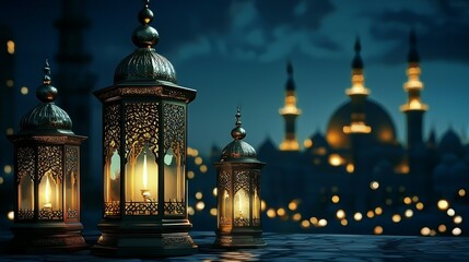 Obraz premium Vibrant Ramadan Celebration Background Featuring Traditional Arabic Lanterns - Generative AI Art