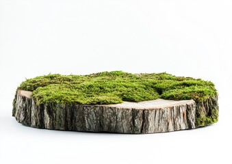 Moss-covered wooden podium for product display presentation with copy space, isolated on a white background. Green nature pedestal mock-up, stand, or platform studio set for beauty cosmetic advertisin