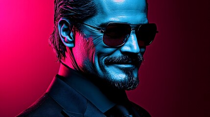 Confident Man in Suit with Sunglasses Posed Against a Neon Pink and Blue Background